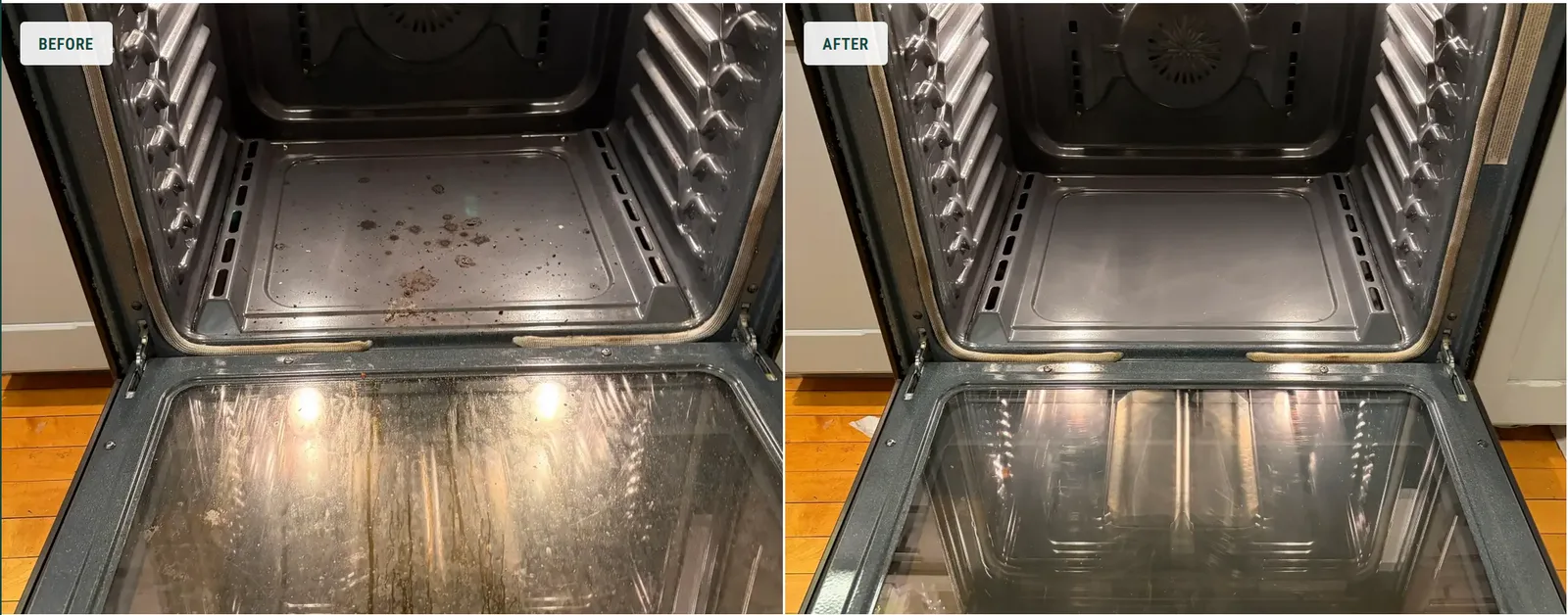 A side-by-side before and after photograph of an oven interior: baked-on spotting across the base and streaked door glass on the left, clean metal and clear glass on the right