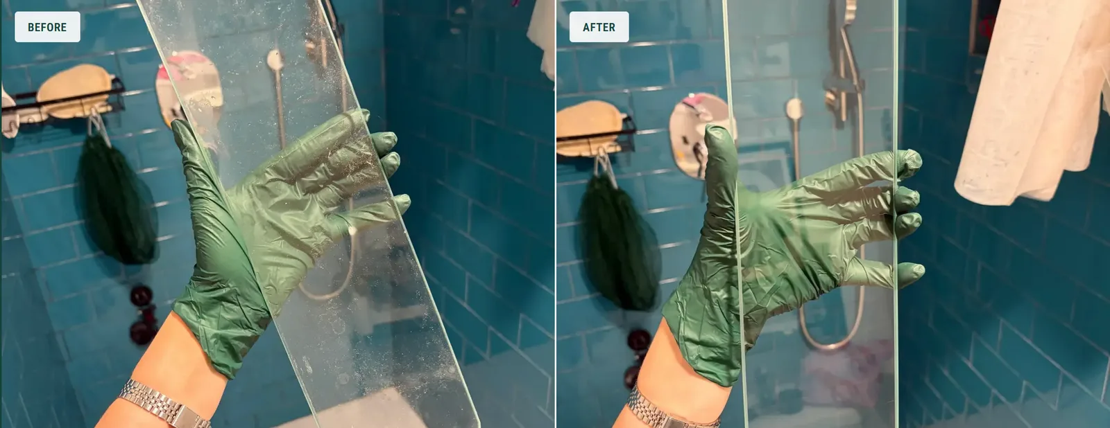 A side-by-side before and after photograph of a shower screen in a blue-tiled bathroom, a gloved hand behind water-spotted glass on the left and behind clear glass on the right
