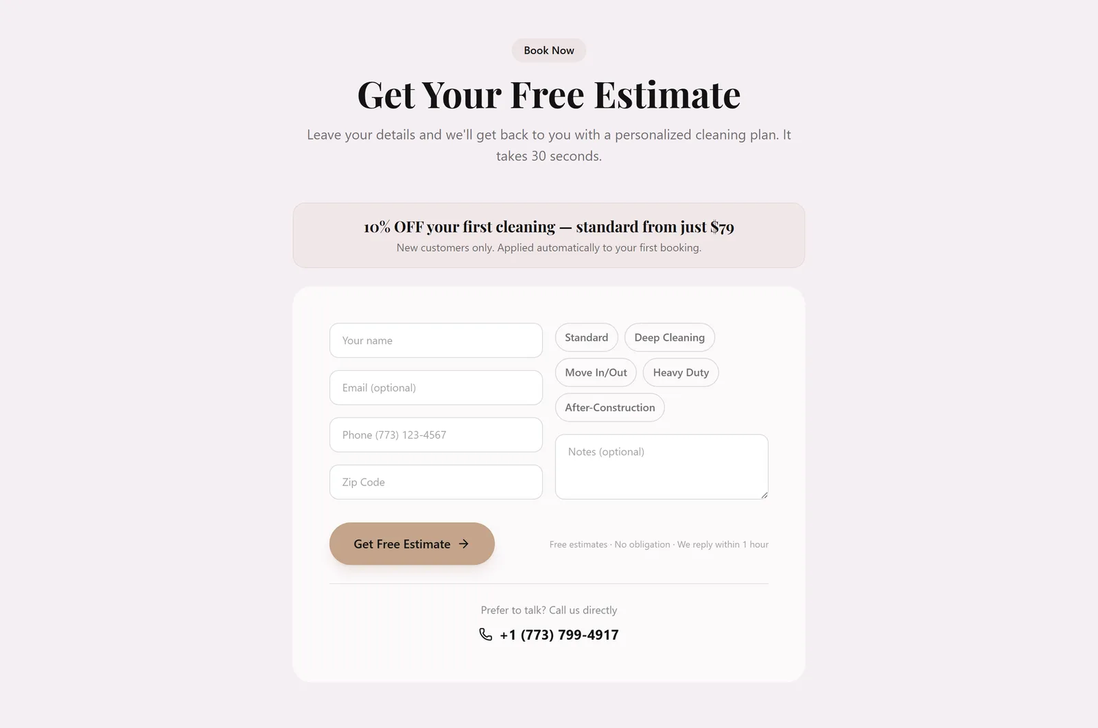 The Get Your Free Estimate section: a promotional banner above a form with name, email, phone and zip code fields, selectable service-type chips for Standard, Deep Cleaning, Move In/Out, Heavy Duty and After-Construction, a notes box, a Get Free Estimate button, and a phone number below a divider.