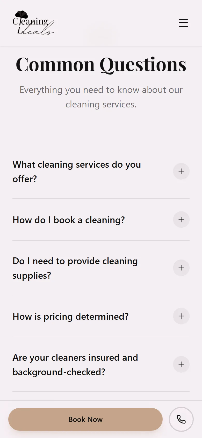 The same site rendered in a 390 pixel wide phone viewport: a compact header with the logo and a hamburger button, the Common Questions accordion listing five collapsed questions, and a sticky bottom bar holding a Book Now button and a round call button.