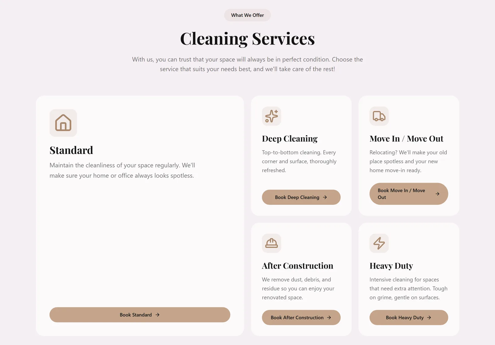 The Cleaning Services section laid out as a bento grid of five cards — Standard, Deep Cleaning, Move In / Move Out, After Construction and Heavy Duty — each with a line icon, a short description and its own Book button.