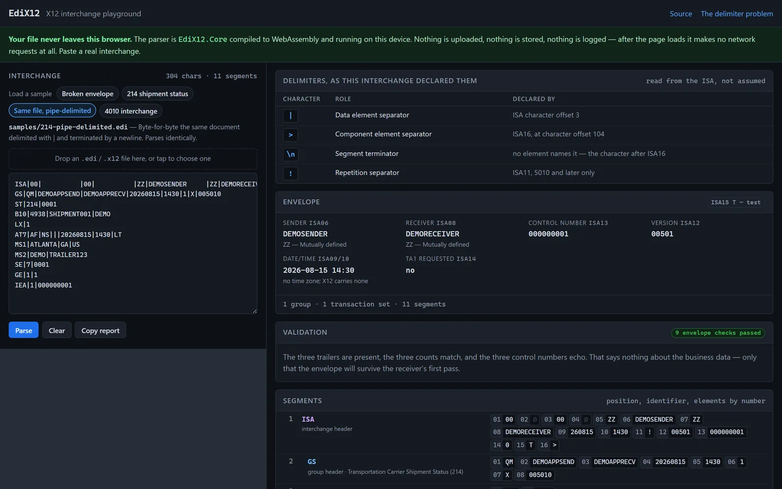 Top of the playground showing a banner stating the parser is compiled to WebAssembly and runs on the device, a pipe-delimited interchange in the editor, and a delimiters table listing the data element separator, component element separator, segment terminator and repetition separator alongside where each one was declared in the ISA.