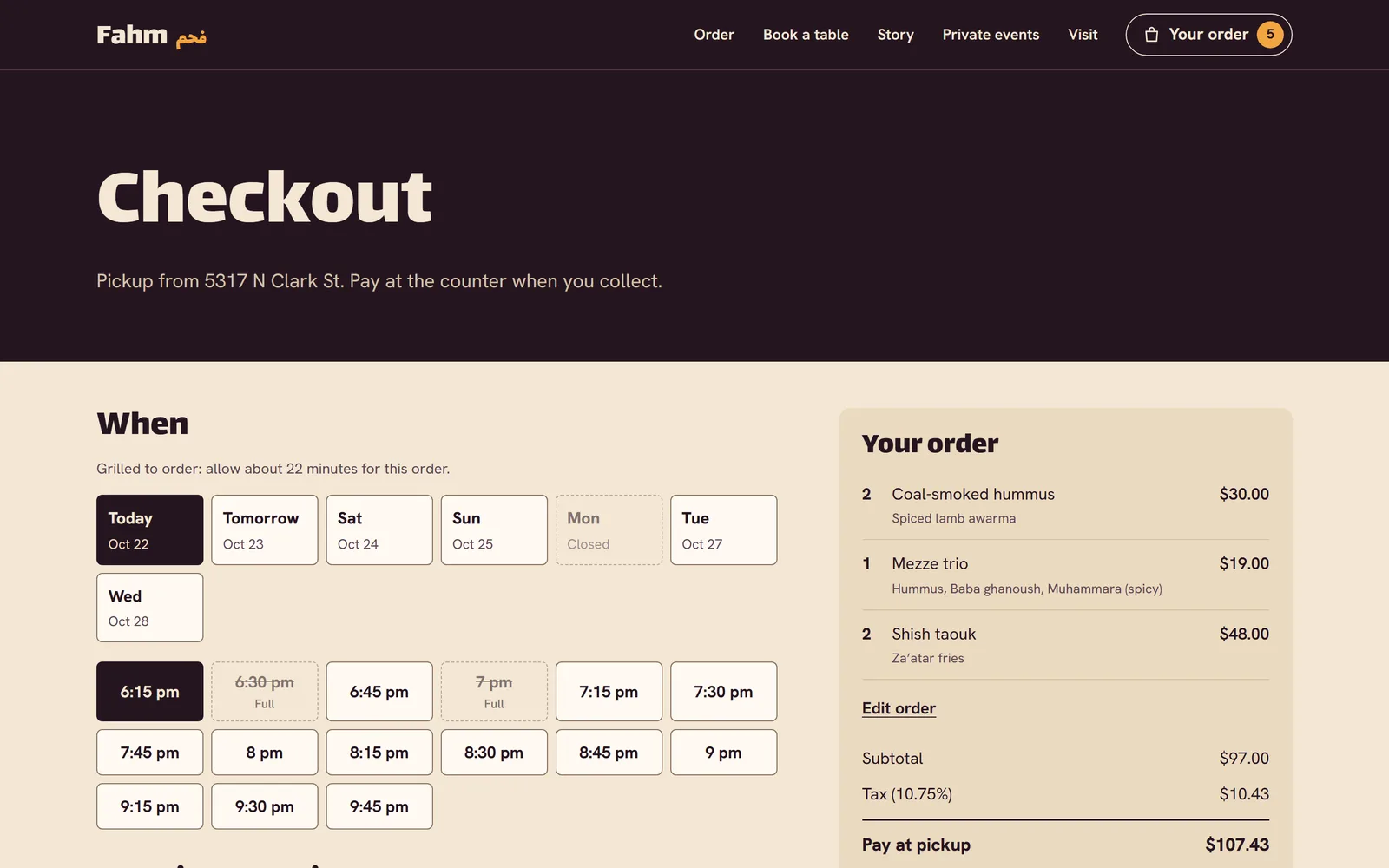 Checkout: 15-minute pickup slots built from opening hours and kitchen lead time