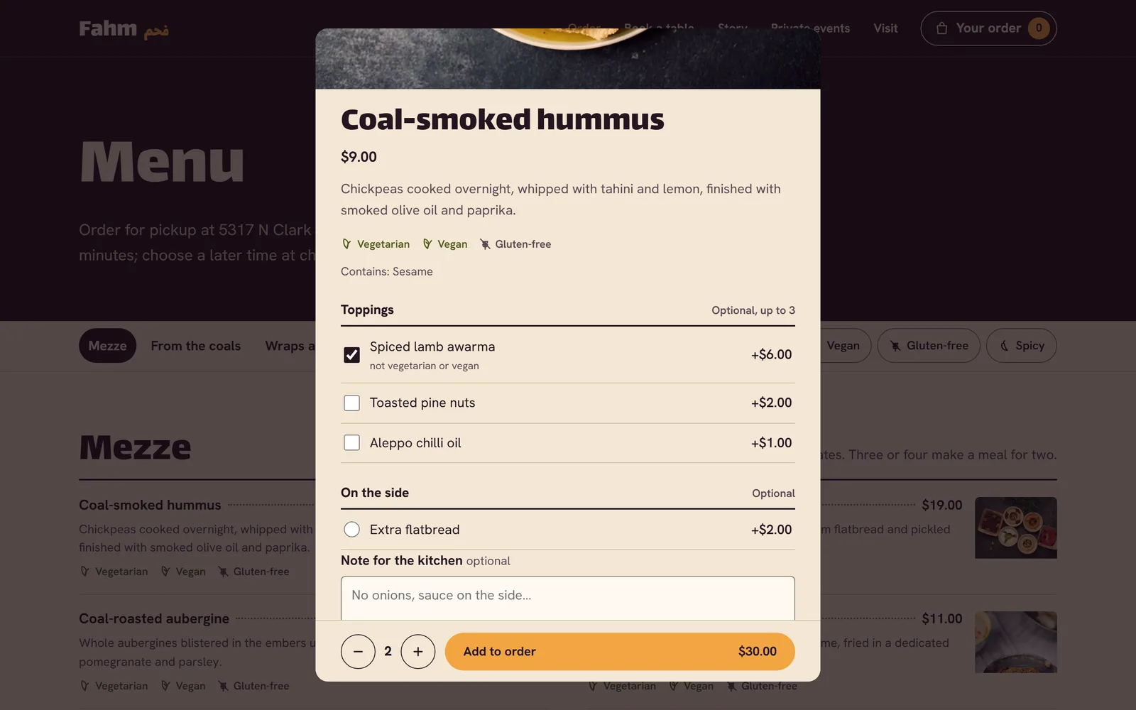 A dish with required choices, paid add-ons and allergens; the price updates as you choose