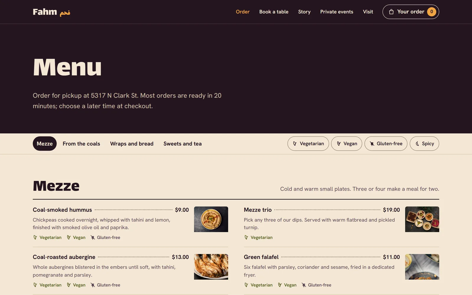 Menu: 21 dishes in four sections with dietary filters you can combine