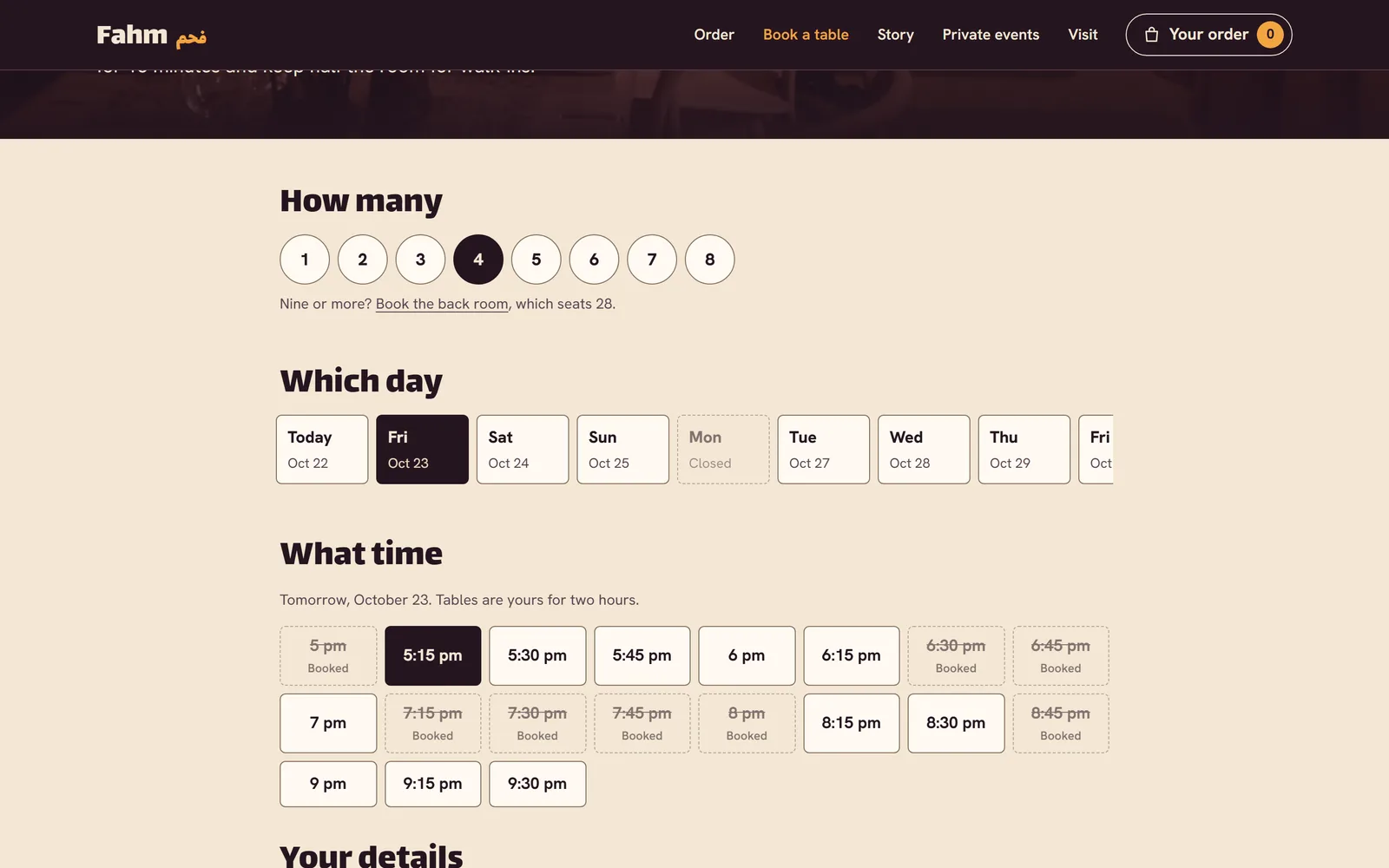 Booking a table: party size, date and the free times for it