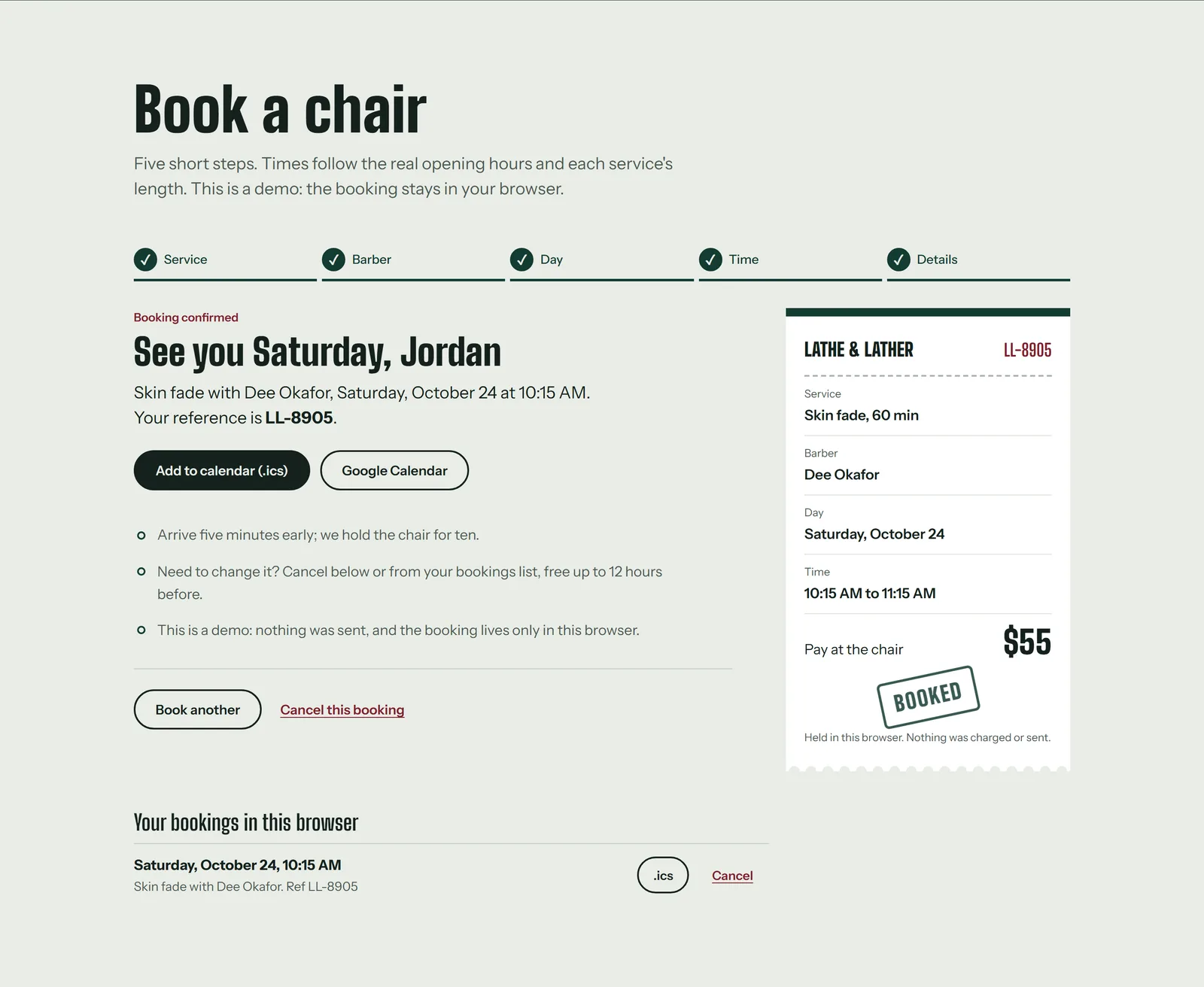 Booking confirmed: calendar download, Google Calendar link and what happens next
