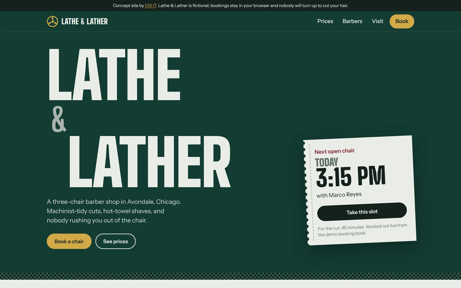 Home page: the shop identity and a "next open chair" ticket worked out live from the opening hours and bookings