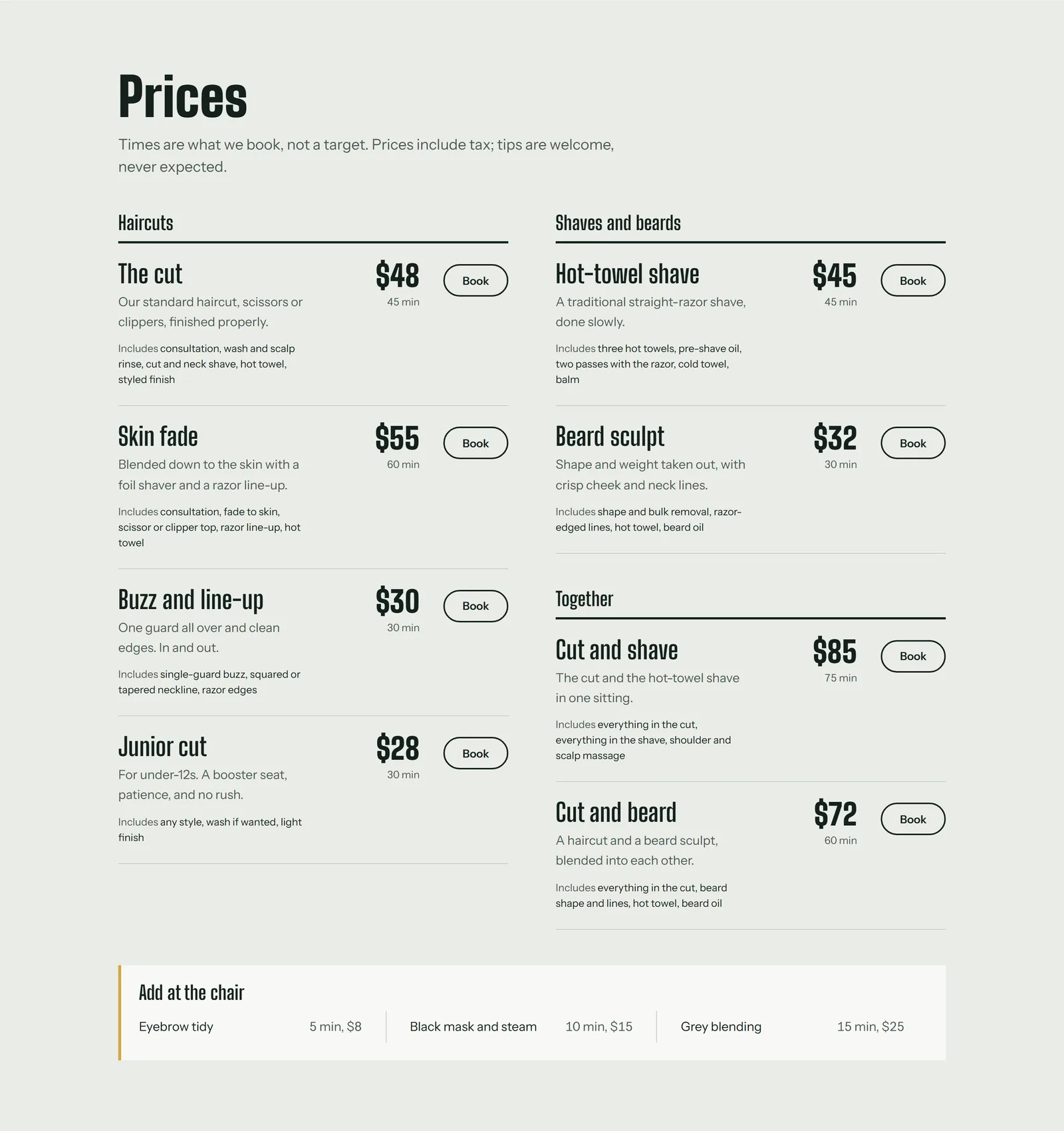 Prices: eight services in three groups, each with its duration, price and what is included