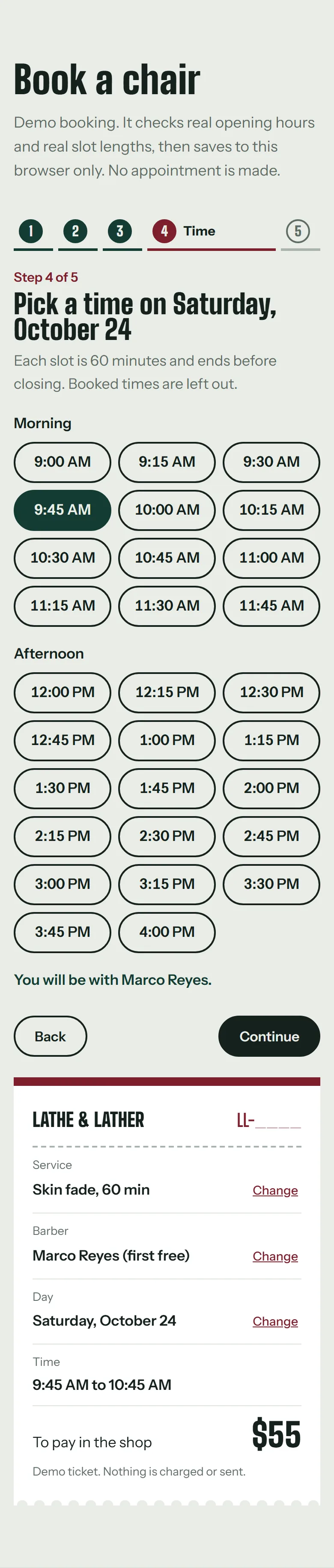 Choosing a time on a phone: slots follow the barber's working days, the service length and Chicago time