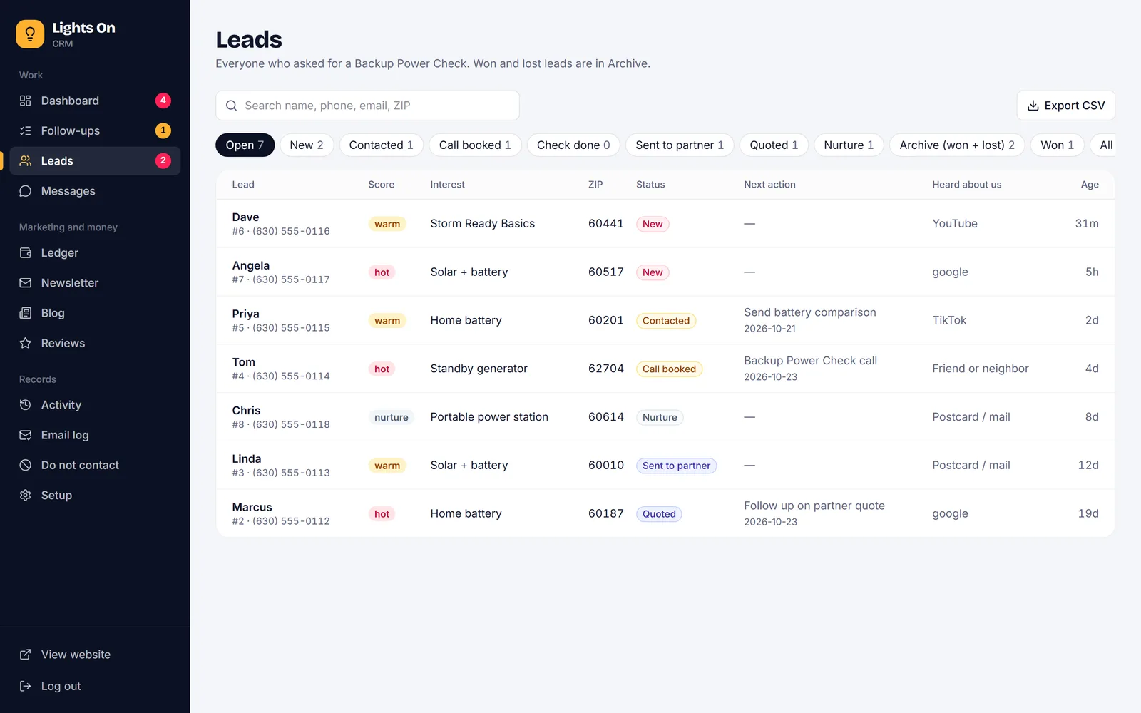 The CRM leads list filtered to open leads, with search, status chips from New to Archive, and rows showing each lead's score, interest, ZIP, status, next action, how they heard about the company and age