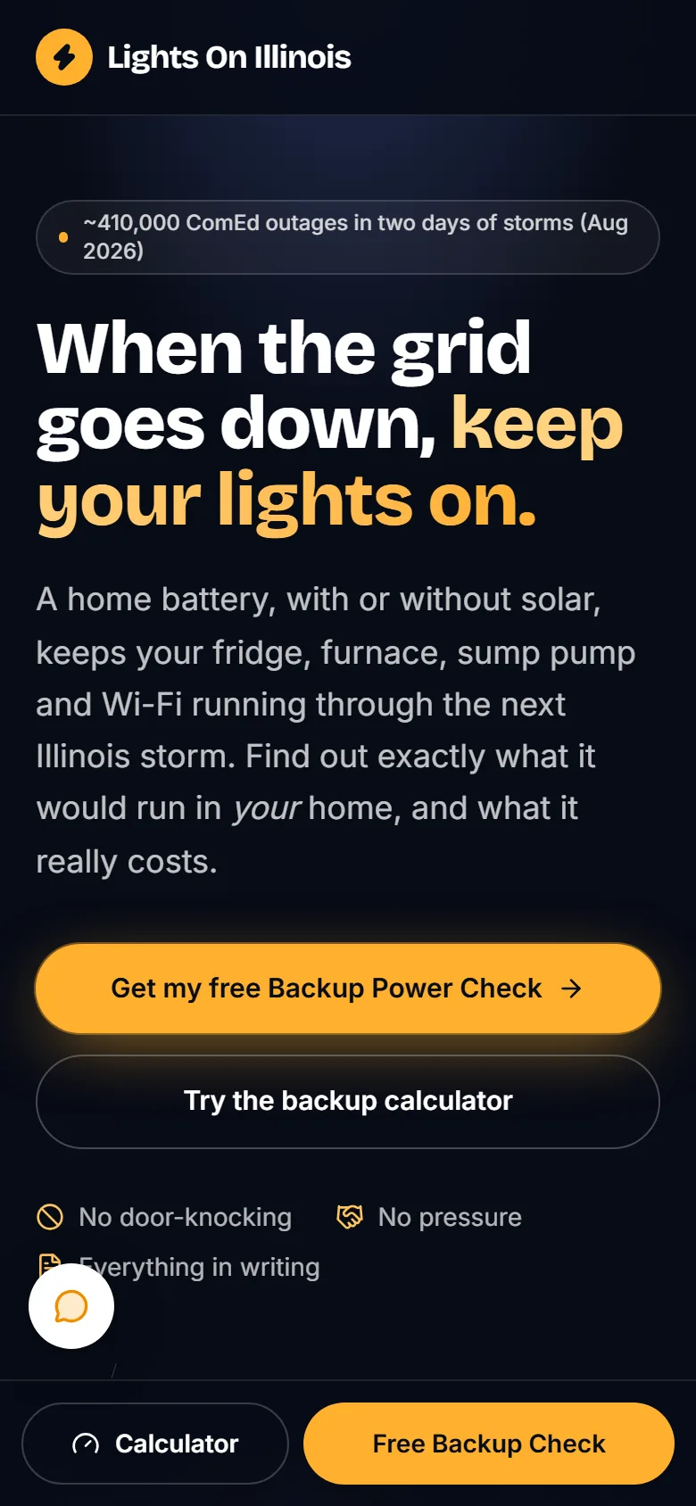 The homepage at phone width with the headline, the two buttons and a fixed bar at the bottom holding Calculator and Free Backup Check