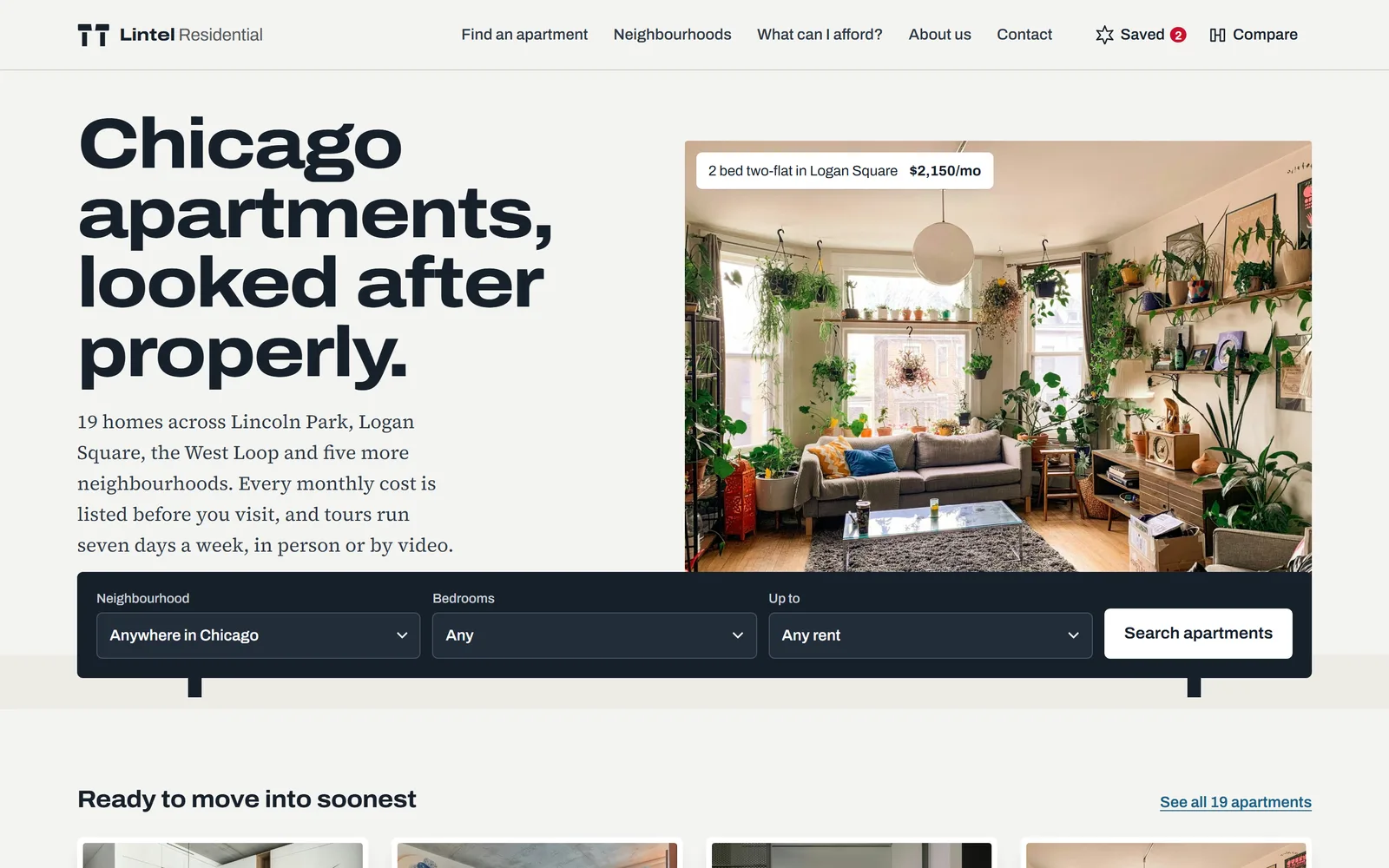 Home: search Chicago apartments by neighbourhood, rent and move-in date, with real photography