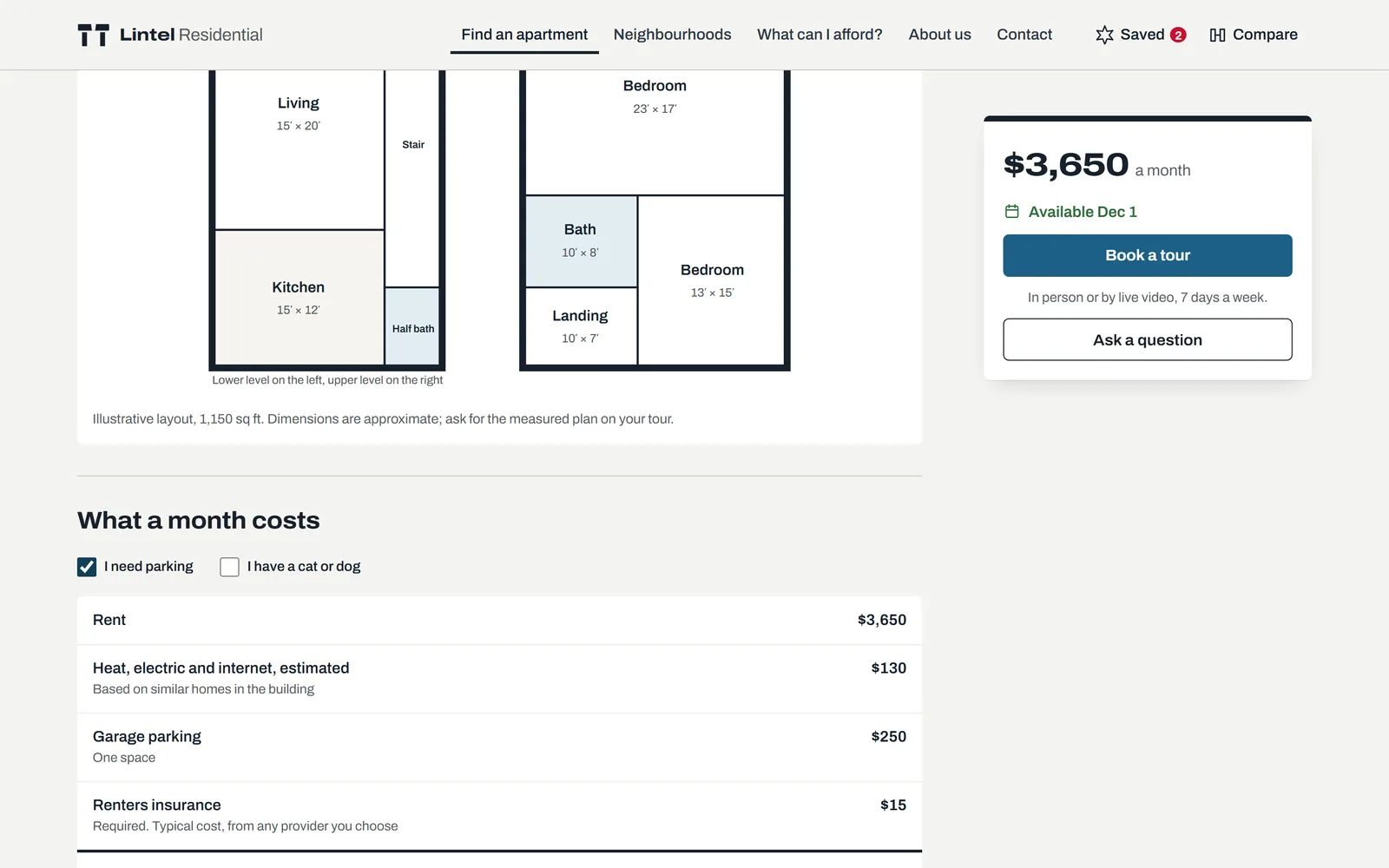 Monthly cost breakdown that adjusts for parking and pets, plus move-in costs