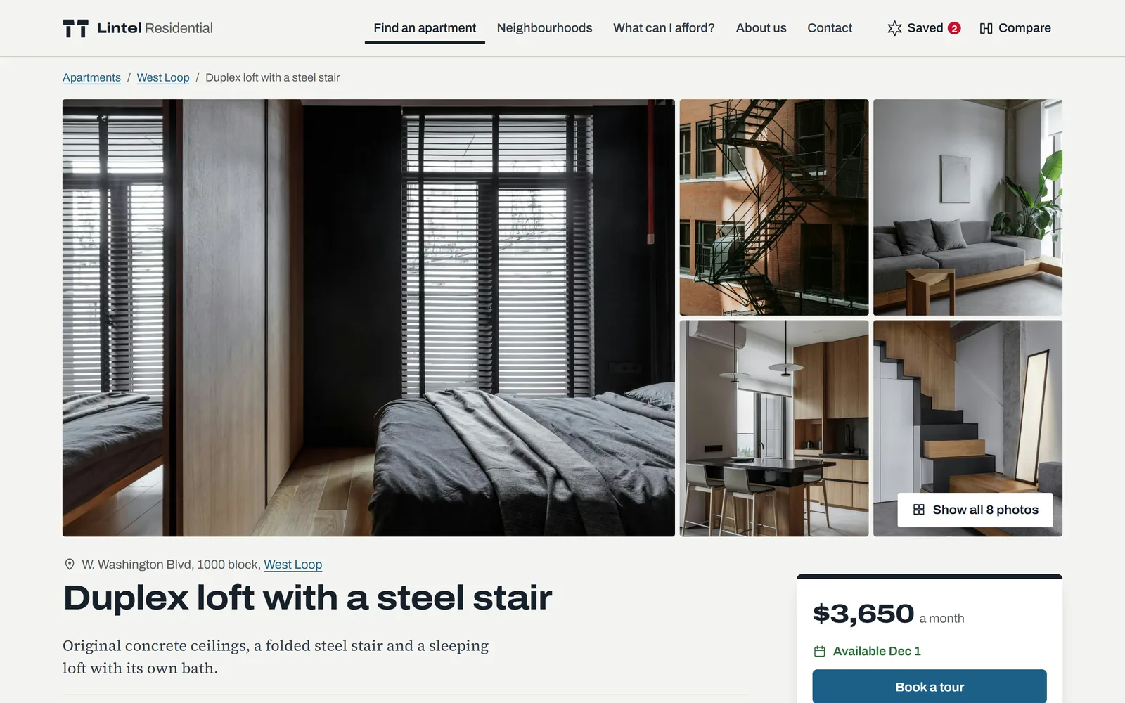 A listing: photo gallery with a full-screen viewer, availability and tour booking