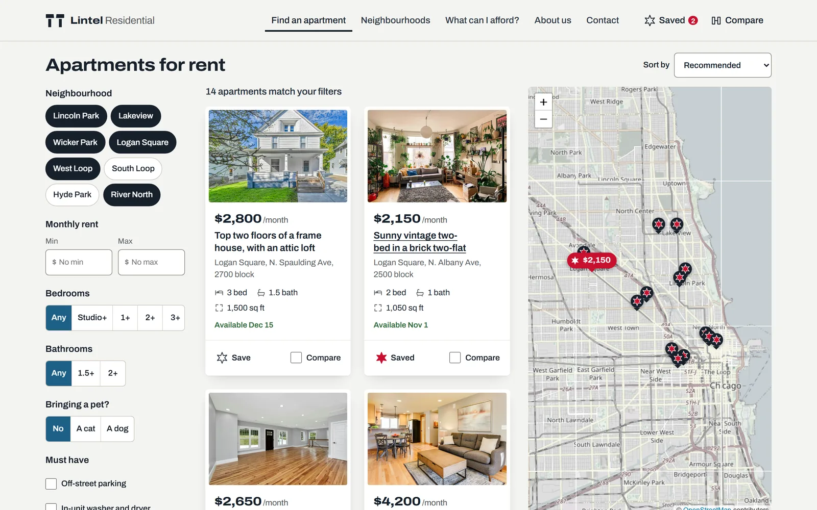 Search: filters kept in the URL, results beside a live map with rent on each pin