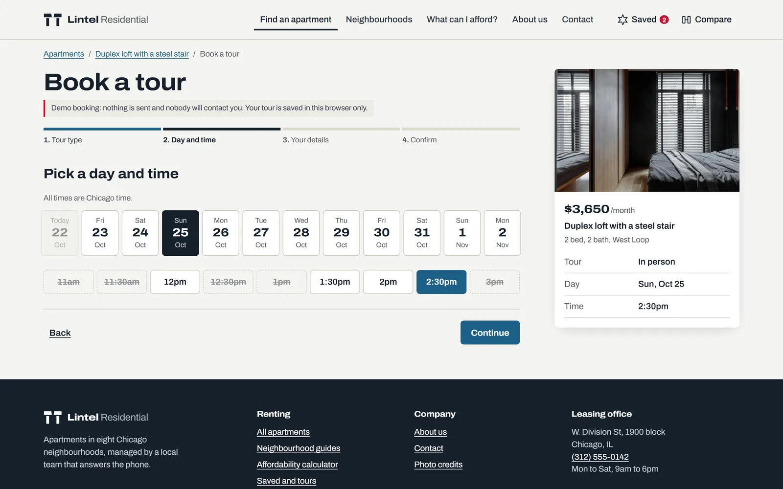 Tour booking: in person or video, half-hour slots in Chicago time, calendar file on confirmation