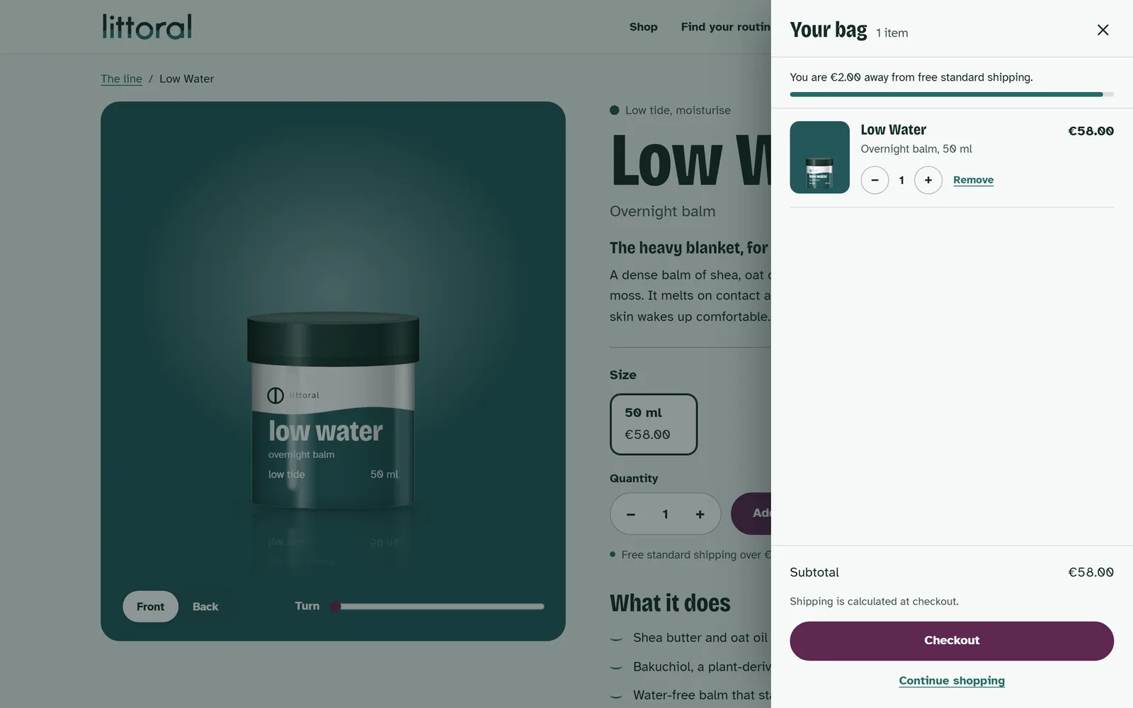 The bag drawer with a free-shipping progress bar and quantity controls