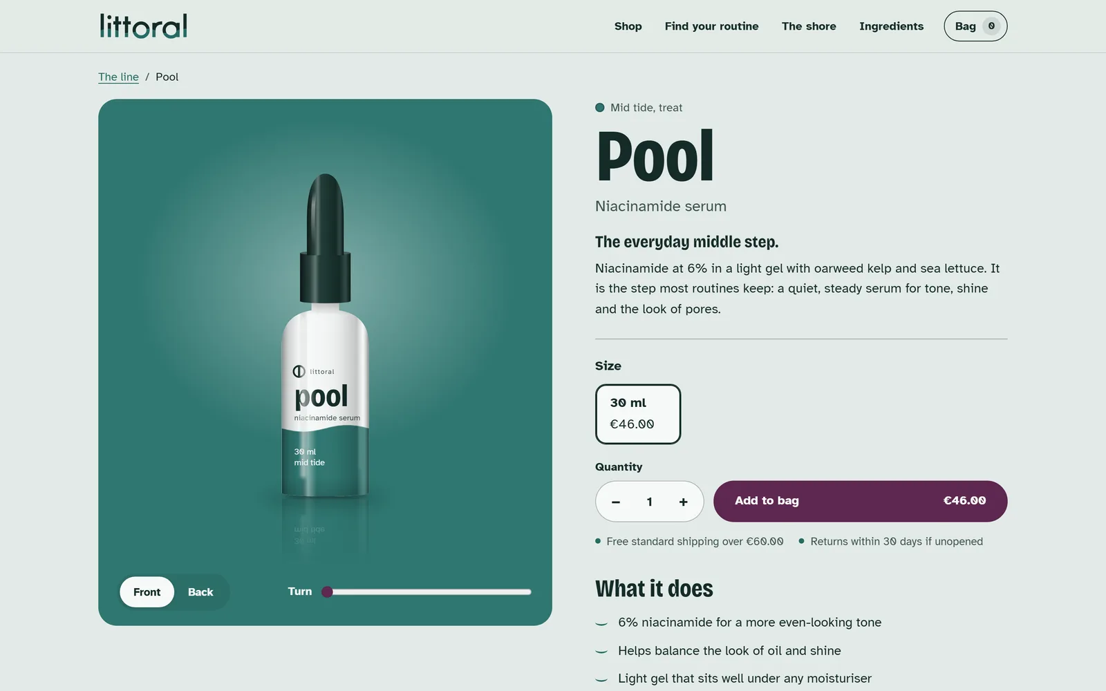 Product page: a pack you can turn, sizes, quantity, benefits, key ingredients and directions