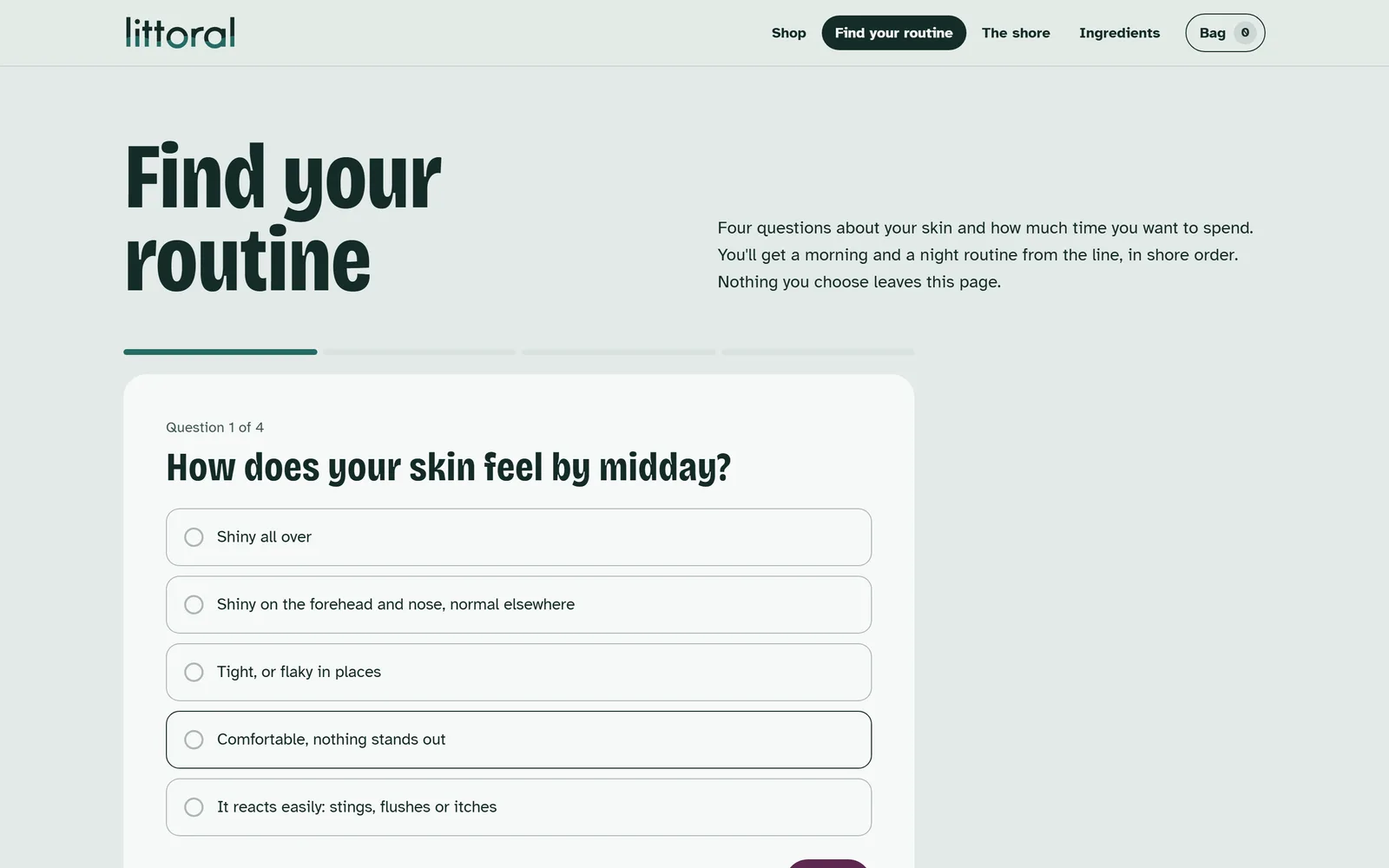 Routine finder: four questions, then a morning and a night routine added to the bag in one click