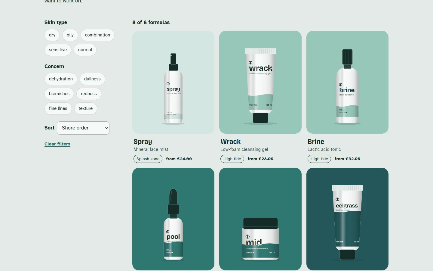 The collection page, filtered by skin type and concern