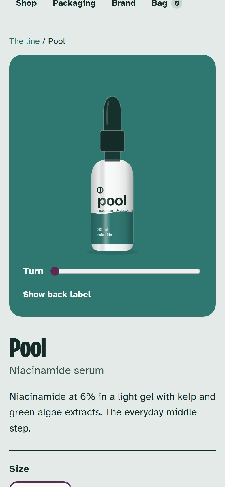 A product page on a phone: ingredients and a pack you can turn to read the back label