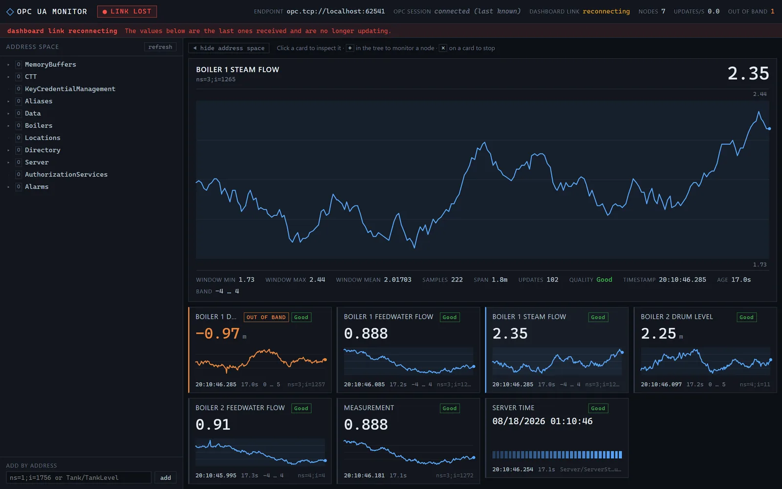 The dashboard header reads LINK LOST, with the OPC session field dimmed and marked connected (last known) and DASHBOARD LINK reconnecting. A banner states the values below are the last ones received and are no longer updating. The cards keep their values and their ages climb together.