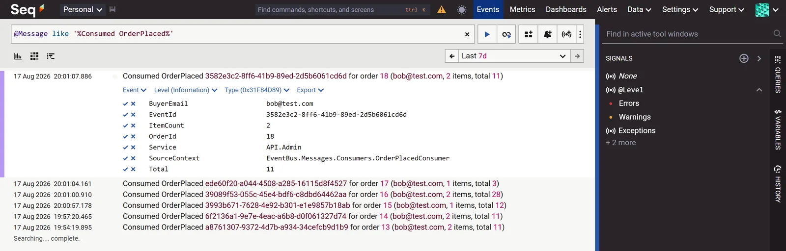 Seq filtered by @Message like '%Consumed OrderPlaced%', listing six consumed OrderPlaced lines for orders 18 down to 13. The top event is expanded to show its properties: BuyerEmail, EventId, ItemCount, OrderId, Service API.Admin, and SourceContext EventBus.Messages.Consumers.OrderPlacedConsumer.
