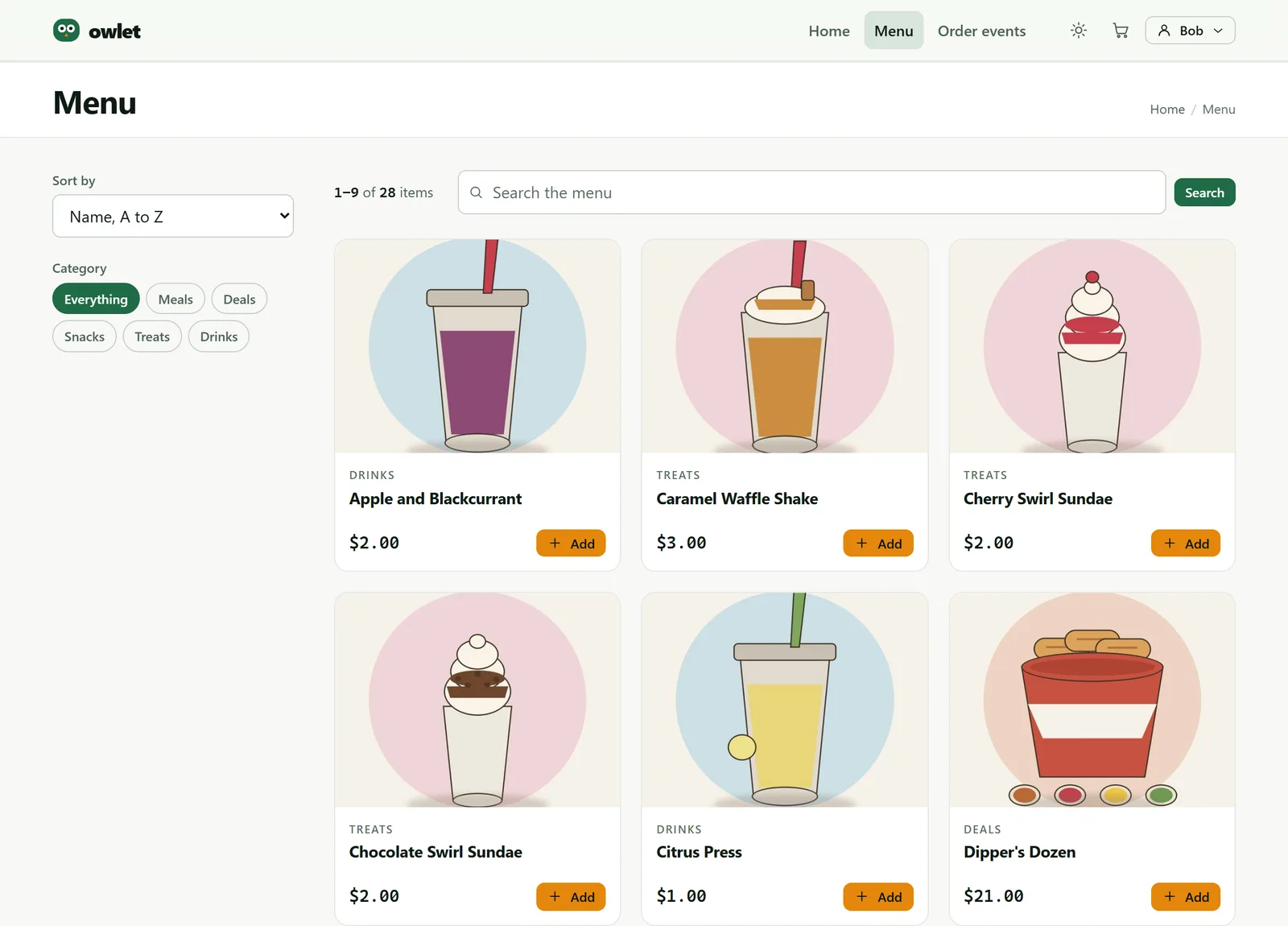 The Owlet storefront menu signed in as Bob, showing 1-9 of 28 items. A sort control and category filters — Everything, Meals, Deals, Snacks, Treats, Drinks — sit beside a search field and a grid of product cards with illustration, category, name, price and an Add button.