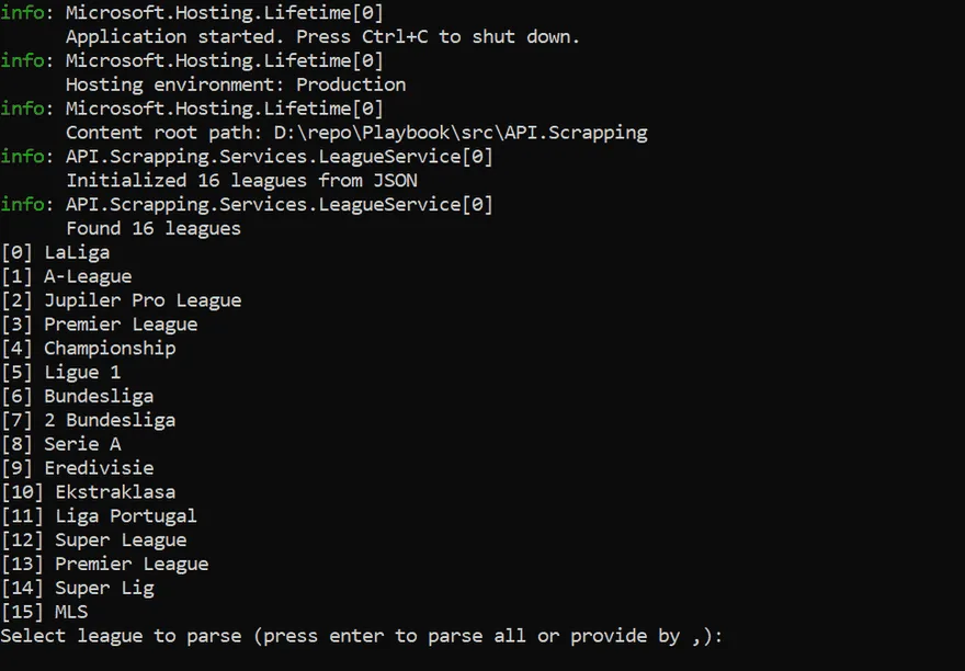 A .NET worker console showing 'Initialized 16 leagues from JSON', the numbered league list from LaLiga to MLS, and a prompt to select a league to parse