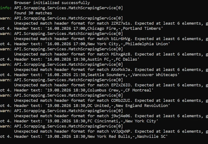 A .NET worker console showing 'Found 30 matches' followed by warning lines rejecting matches whose header has four elements where at least six were expected, each quoting the header text it read