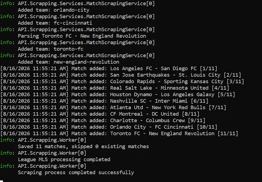 A .NET worker console listing eleven matches added, numbered 1/11 to 11/11, then 'Saved 11 matches, skipped 0 existing matches' and 'Scraping process completed successfully'