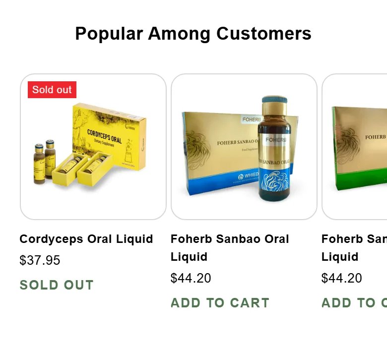 The same product row at a 390 pixel mobile width, showing the Cordyceps Oral Liquid card marked Sold out and the Foherb cards scrolling off the right edge of the carousel