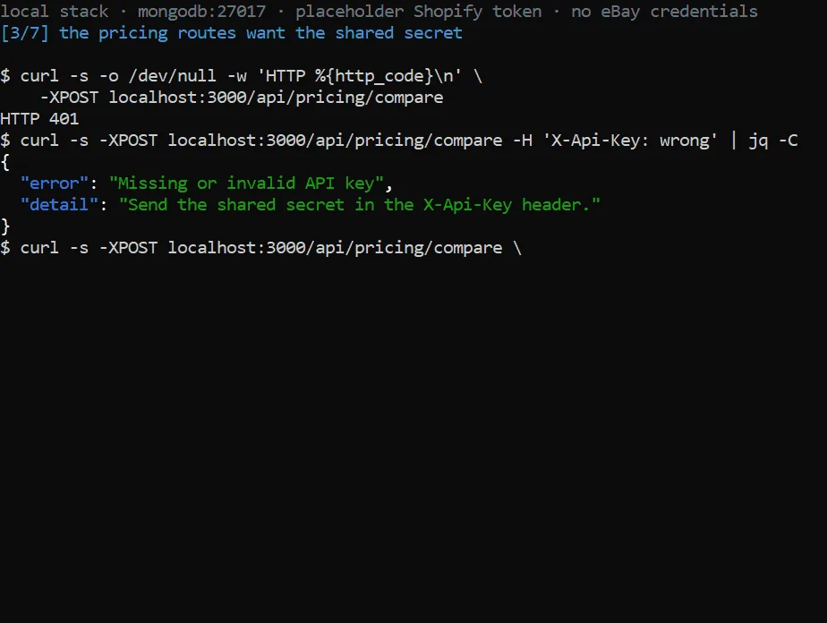 A terminal showing the pricing compare endpoint answering HTTP 401 with no API key, and a JSON error reading 'Missing or invalid API key' with the wrong one