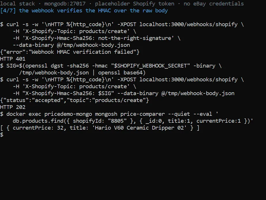 A terminal posting a Shopify products/create webhook twice — HTTP 401 with a wrong signature, HTTP 202 with an HMAC computed by openssl — then reading the stored product back out of MongoDB
