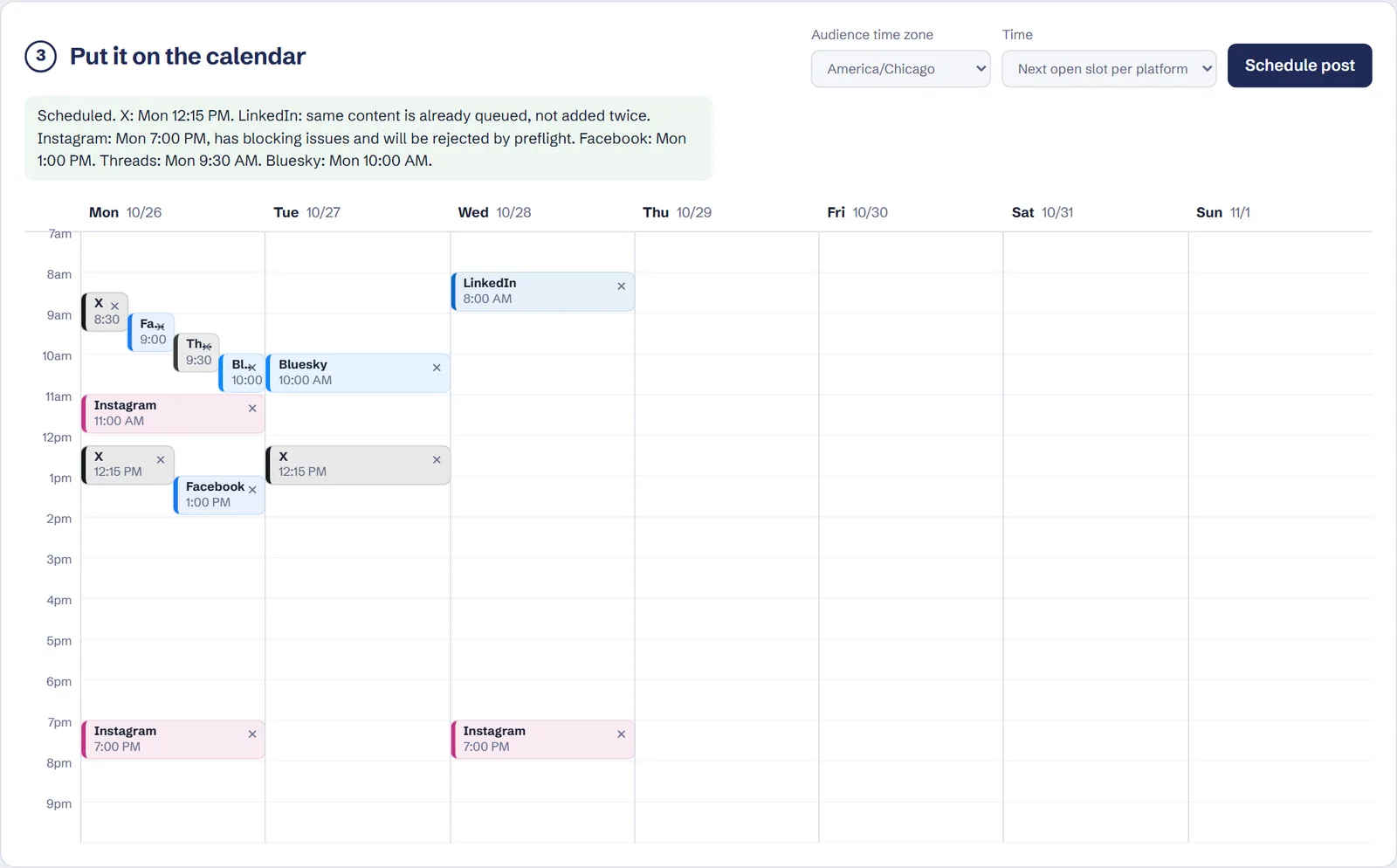 The week calendar: each post scheduled into the next free slot in the audience's time zone