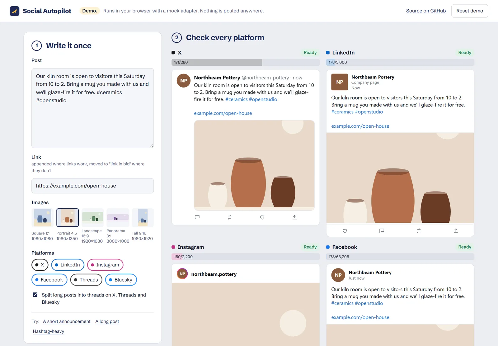 One post adapted for X, LinkedIn, Instagram and Facebook, each preview with its own character count and checks