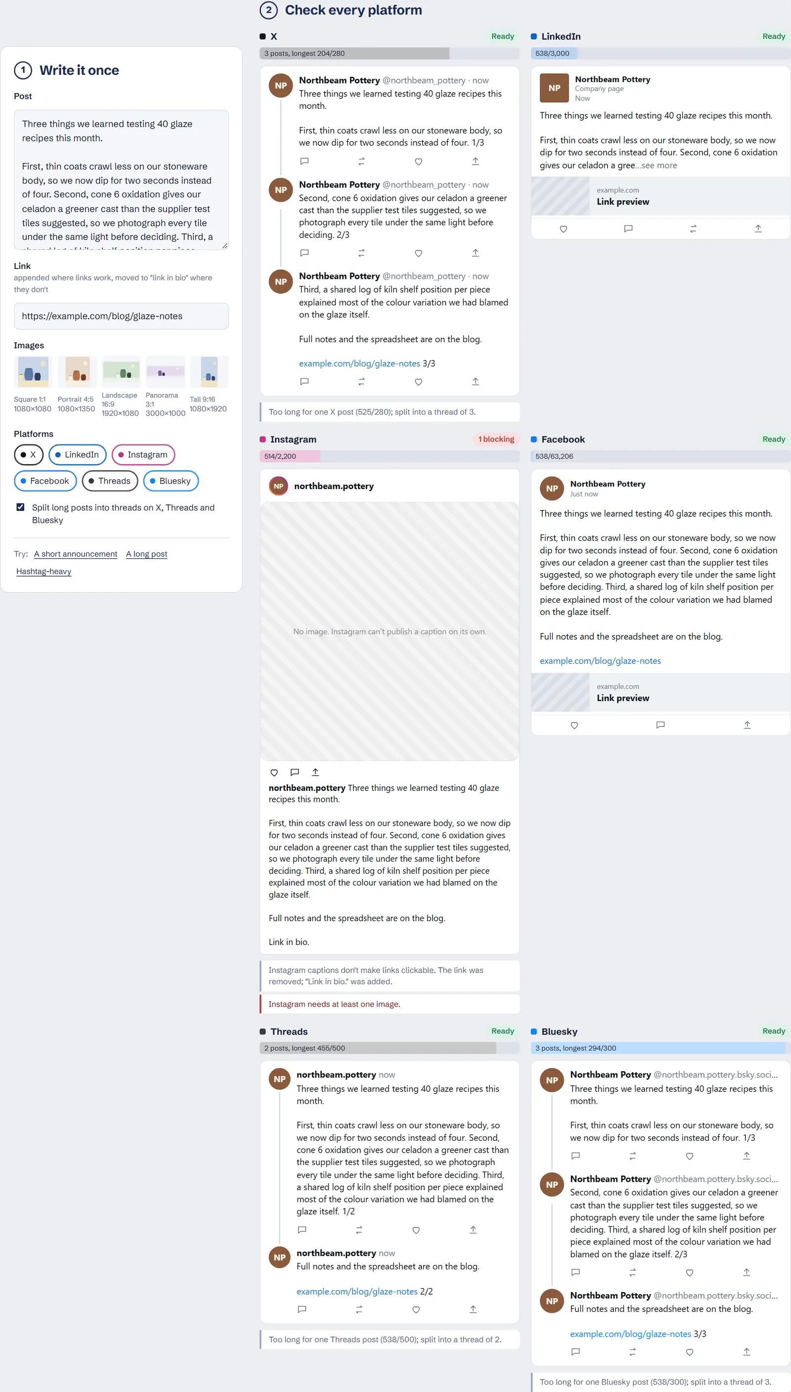 A long post split into a numbered thread at sentence ends where the platform allows threads