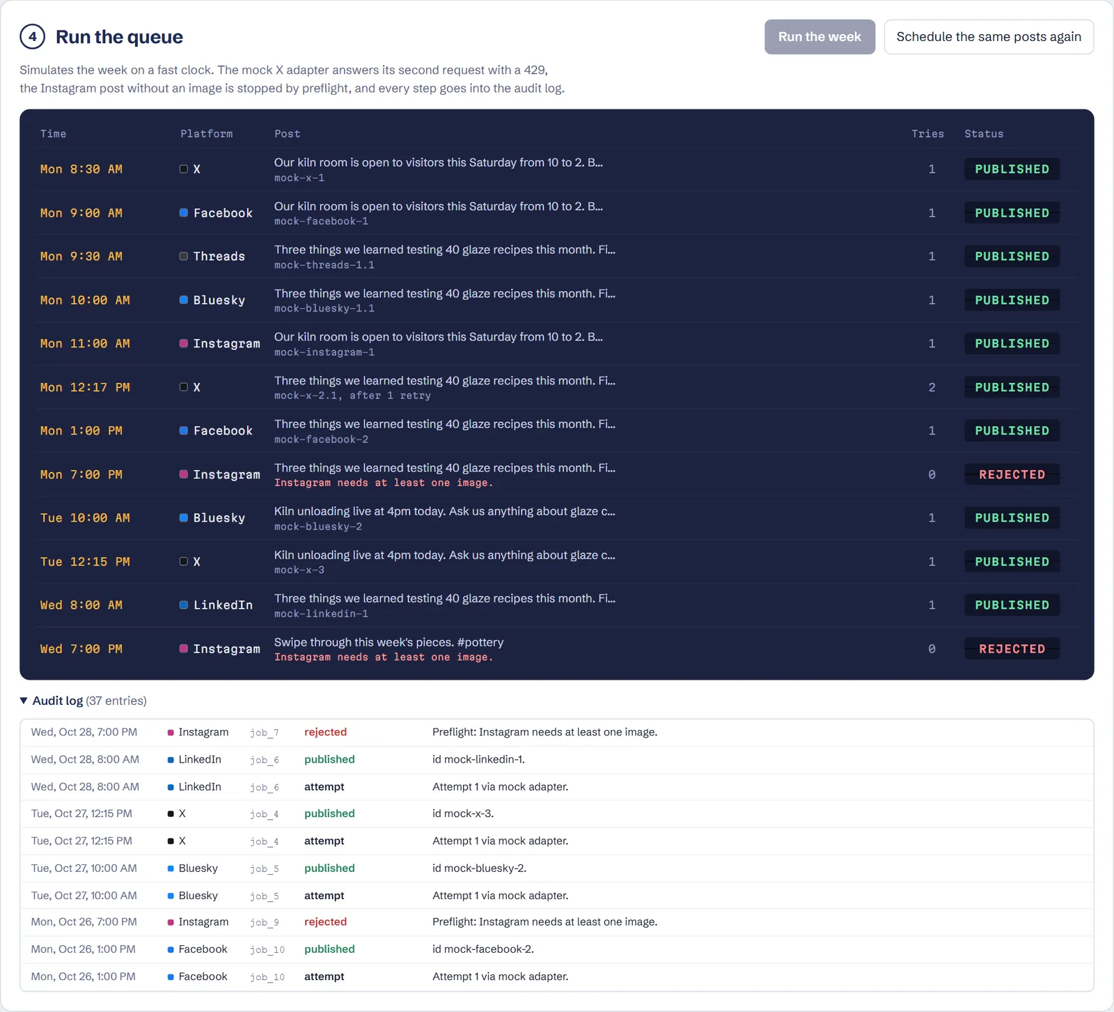 Running the week: posts published, a rate-limited one retried after the platform's wait, a rule-breaking one rejected
