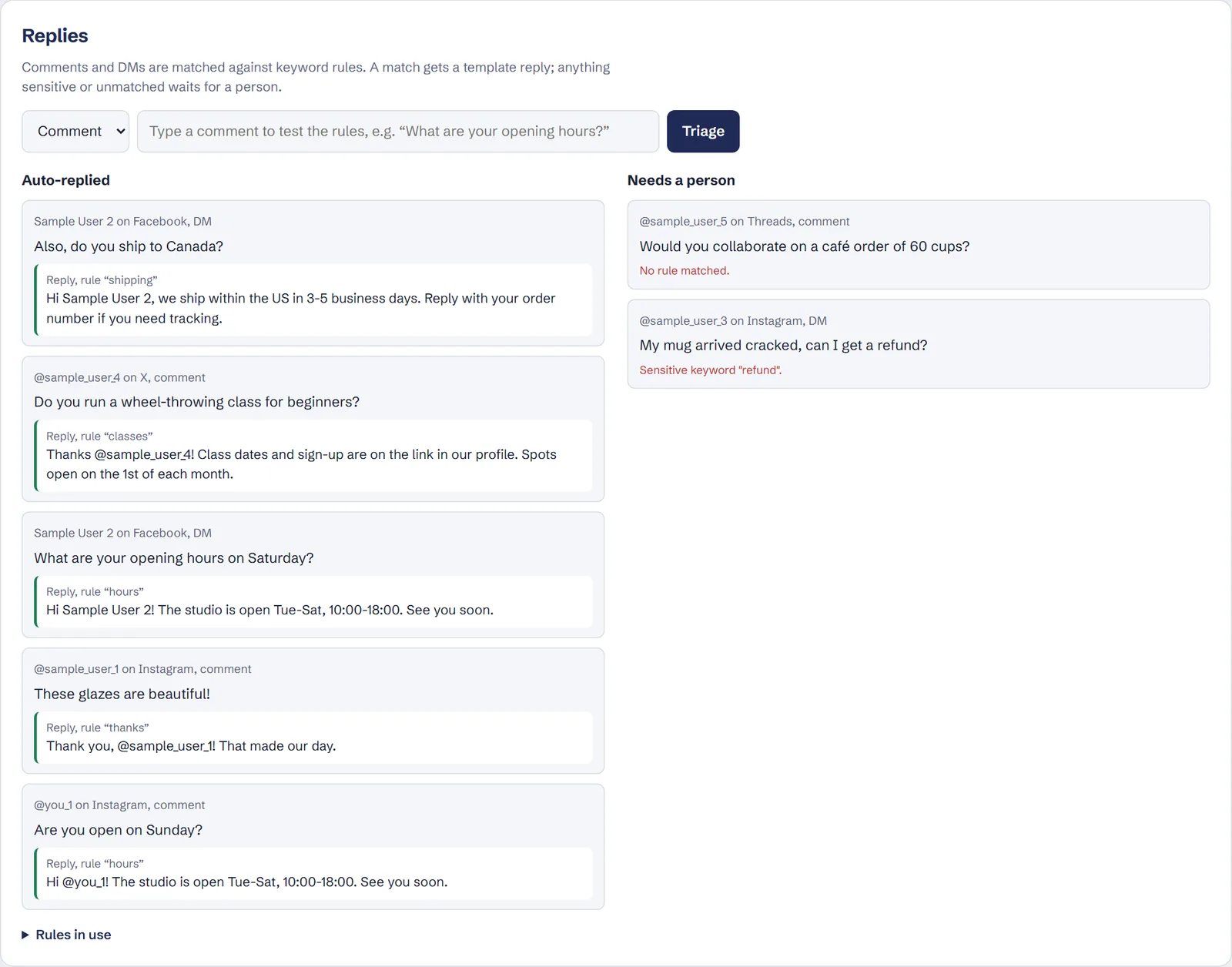 Replies inbox: routine comments answered from templates, anything sensitive held for a person